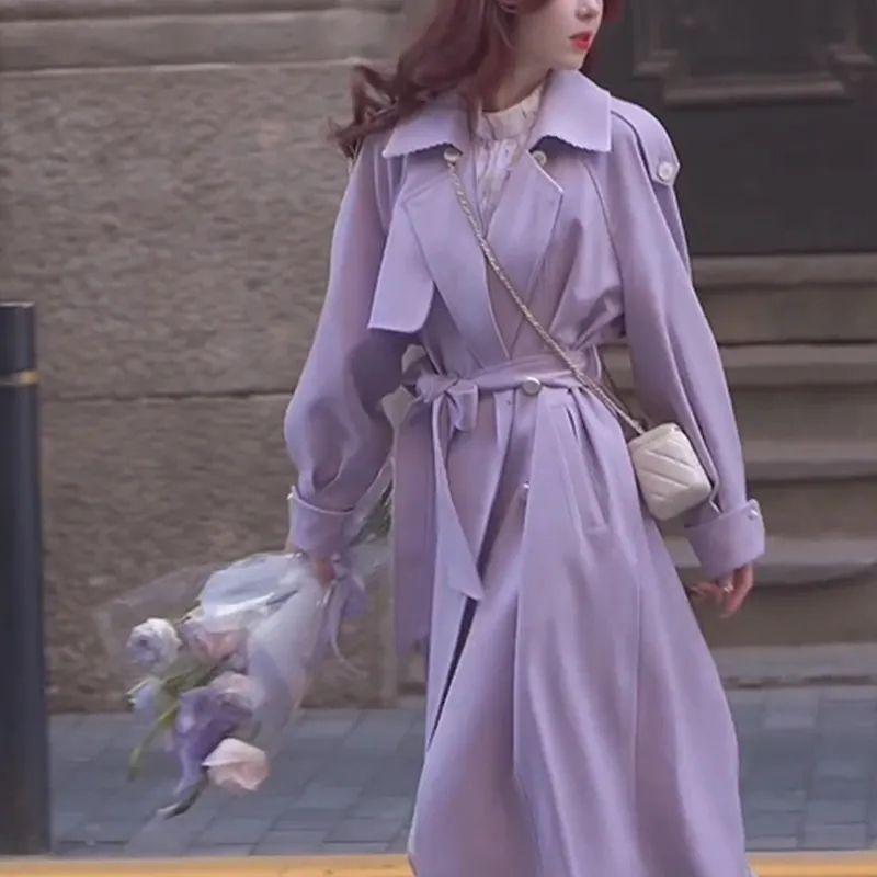 Women's Purple Double-Breasted Trench Coat - Korean Style Spring & Autumn Fashion, Casual Loose Mid-Length Design (2025)