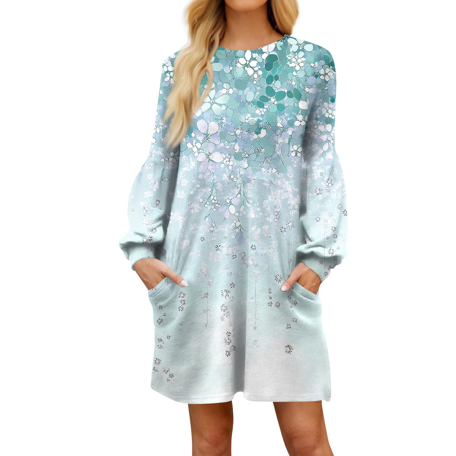 

Модное женское платье трапециевидной формы с длинным рукавом. Осенний повседневный пуловер с круглым вырезом. Свободное платье с карманами. M