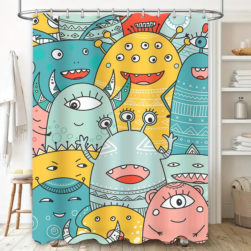 Brightly Colored Monsters Shower Curtain Set For Bathroom Decor Multicolor Cartoon Print Waterproof Fabric With Hooks (Blue)