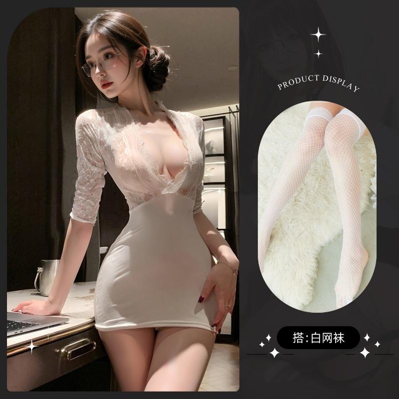 Sex Underwear Skinny Hip Skirt Sexy Secretary Uniform Seduction Deep V Breast Lace Sex Clothing