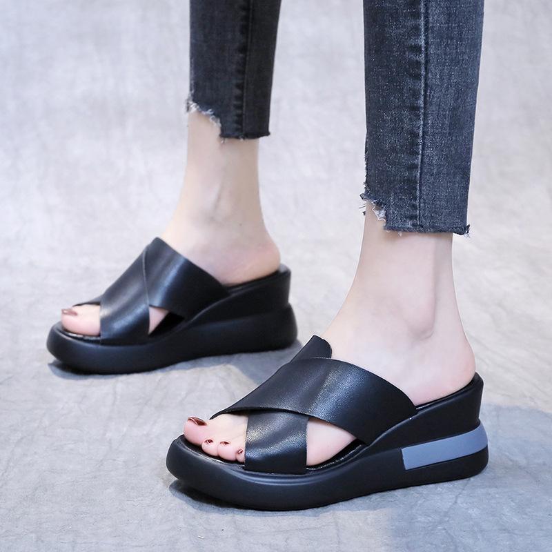 Wedge Heel Slippers Women's 2021 Summer Korean Version Cross Fish Mouth Shoes Muffin Thick Sole Outer Wear Casual Large Size Cool Slippers