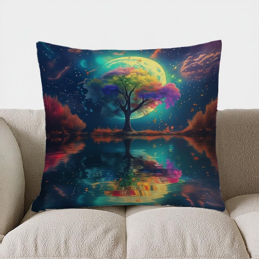 Home Decor Colorful Tree & Moon Night Scene Pillow Pattern Cushion Cover Suitable For Sofa Bedroom Car Pillow Cover