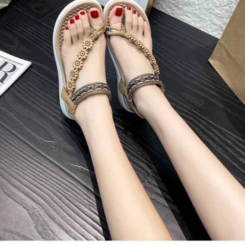 2025 Summer Open Toe Casual Beach Ladies Shoes Bohemian Buckle Belt Roman Sandals Flip-Flop
