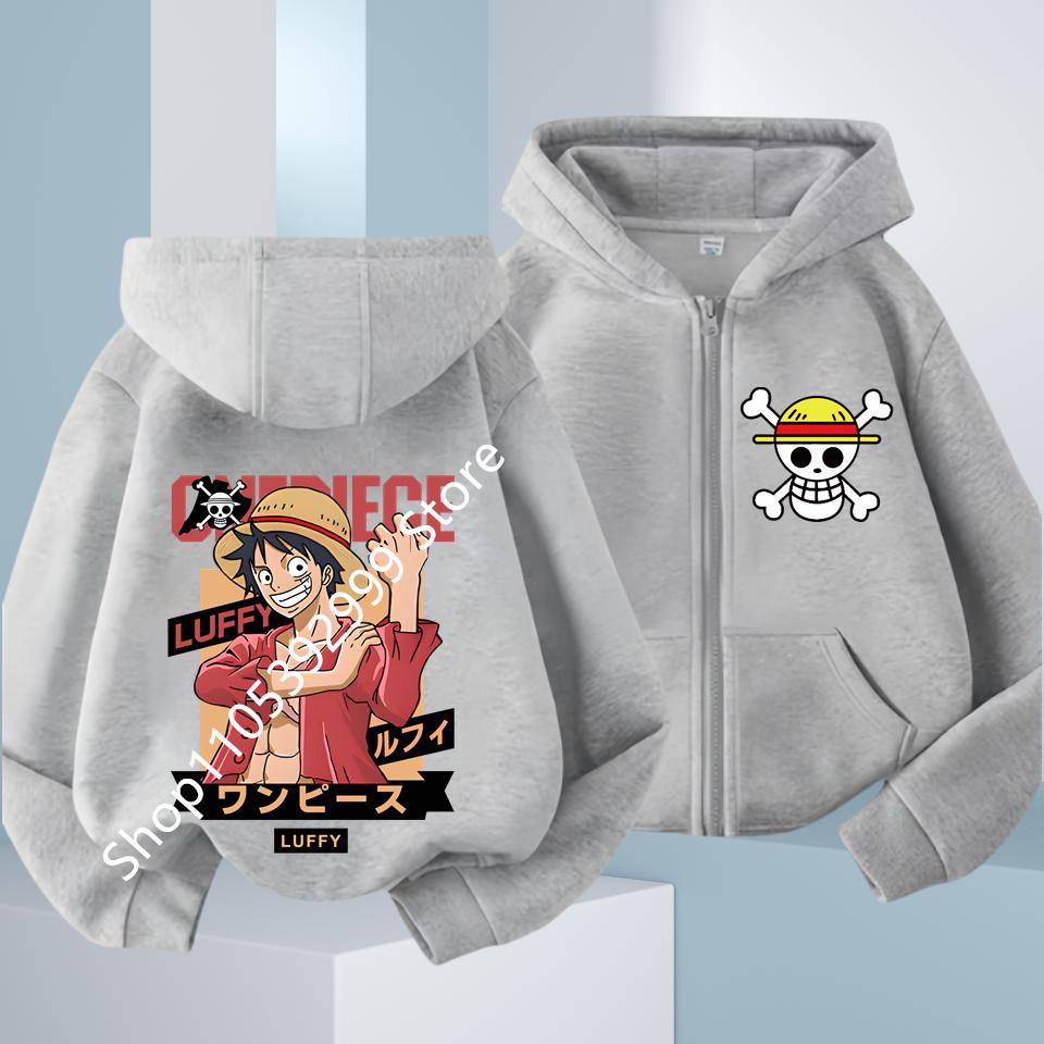 2026 Ny Børne Anime One Piece Luffy Lynlås Hættetrøje Jakke 3-12År Afslappet Langærmet Sweatshirt Efterår