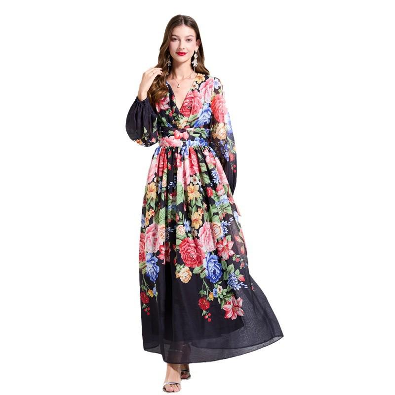 2025 Spring/Summer Floral V-Neck Lantern Sleeve Dress with Ruched Waist & Ruffle Hem