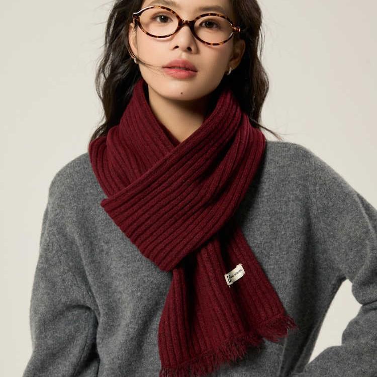 Solid Color Pit Strip Raw Edge Knitted Warm Scarf Female Soft Glutinous Scarf
