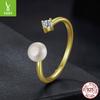 Natural Freshwater Pearl Mozzarella Diamond Ring, Simple Classic Temperament 925 Sterling Silver Open Ring Ring