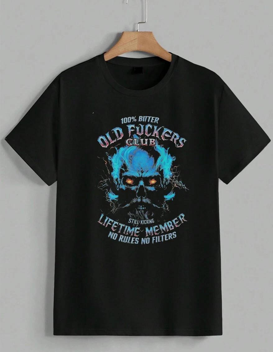 Old F*ckers Club T-Shirt 100% Bitter Skull Blue Flame Gen X Humor Gift Unisex XXXXL