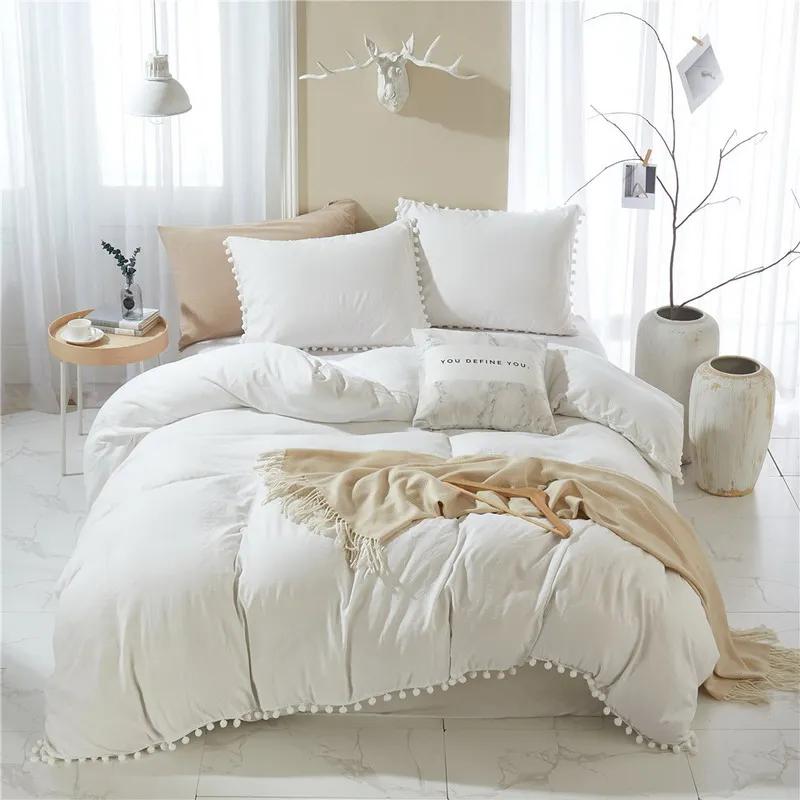 

Solid Color Soft Washed Duvet Cover 3 Pieces Set Pillowcase Bedding Set for Twin Full Queen King Size Cute Pom-pom Decoration Twin-1