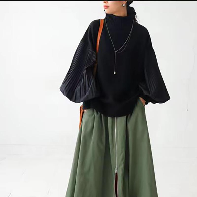 Winter Women Stylish Sweater Turtleneck Patchwork Casual Loose Pullover Lantern Sleeve Ladies' Sweater