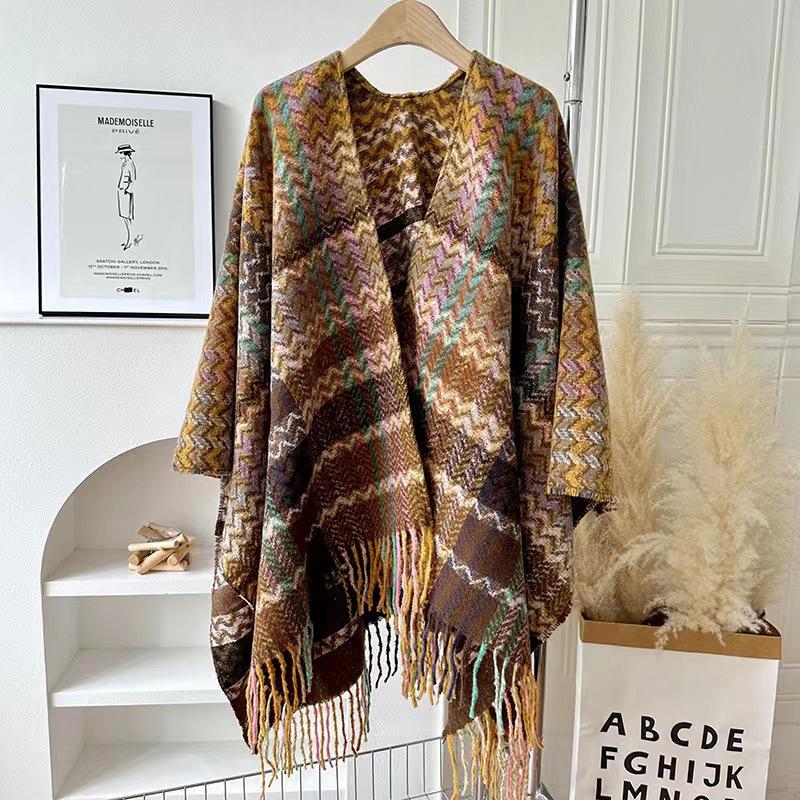 Ethnic Style Wave Pattern Long-Sleeve Knitted Shawl for Women - Warm for Autumn/Winter Travel