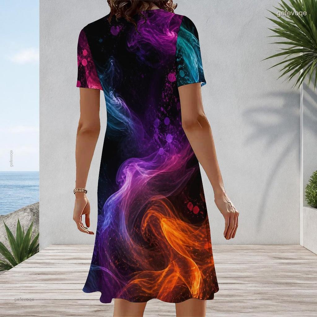 Women Plus Size Round Neck Short Sleeve Rainbow Printed A Line Dress