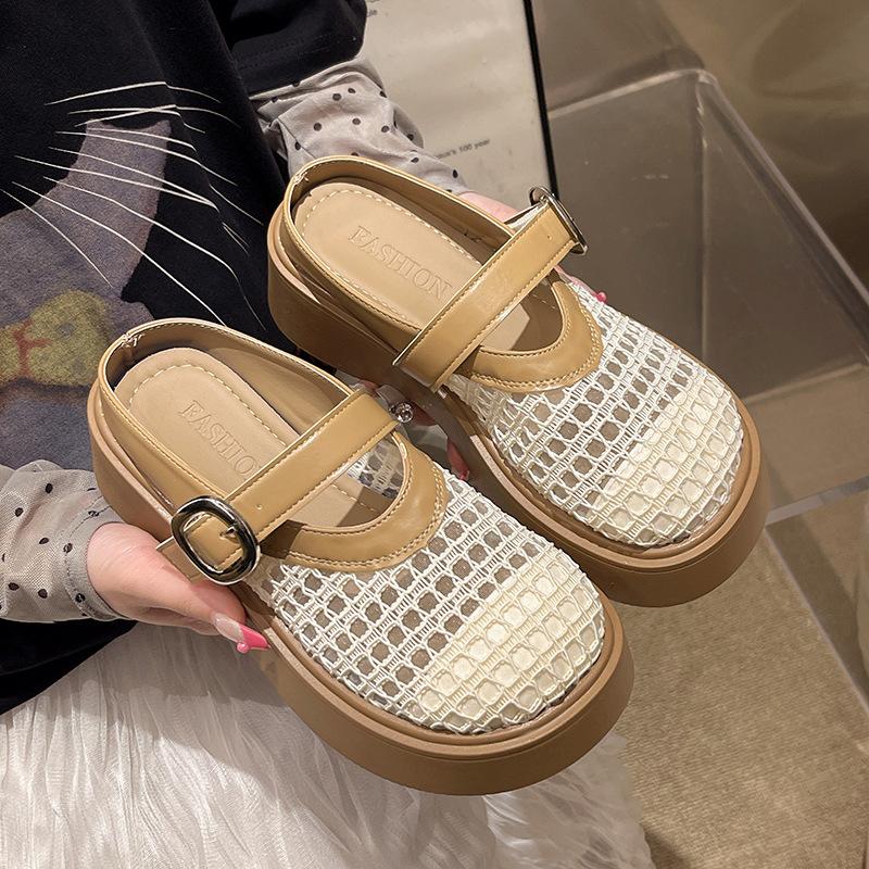 Hollow woven through-mesh platform slippers 2025 one-word strap single shoes sandals women's shallow mouth Mary Jane shoes