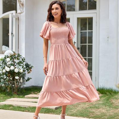 Summer Square Neck Puff Sleeve Dress Women Pleated Vintage A-line Elegant Dress Woman Slim Fit Ruffled Fashion Casual Dresses Female Clothing 1042