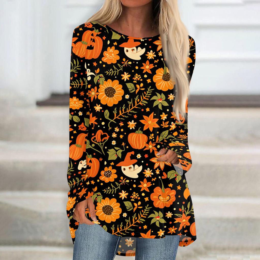 Women's Halloween Printed Long Sleeve Round Neck T-Shirt Mid-Length Casual Top