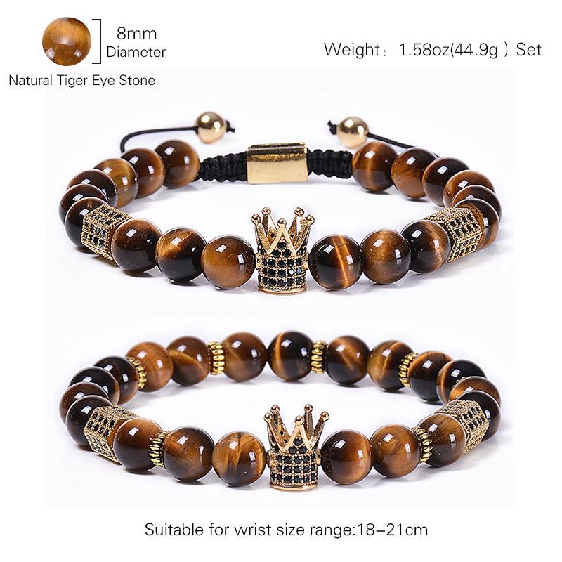Natural Tiger Eye Stone Crown Bracelet, Natural Stone Copper Micro Inlaid with Zircon, Hexagonal Elastic Bracelet