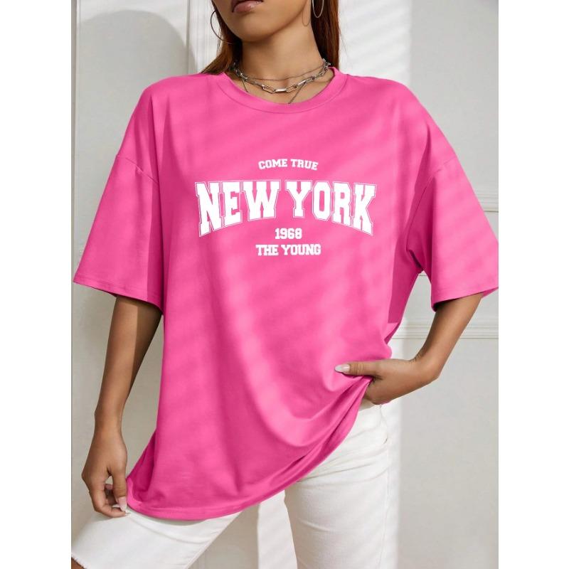 Summer Round Neck "NEW YORK 1968 THE YOUNG" Letter Printed Top Fashionable Casual Pure Cotton Short Sleeved Women's T-shirts