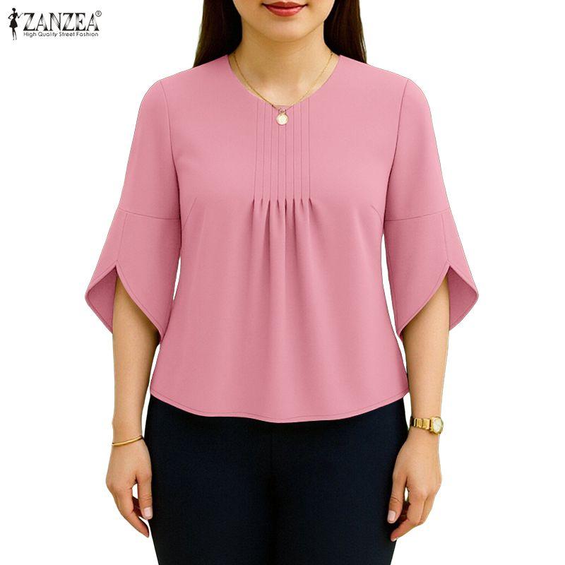 ZANZEA Women Casual Round Neck 3/4 Sleeve Loose Blouse