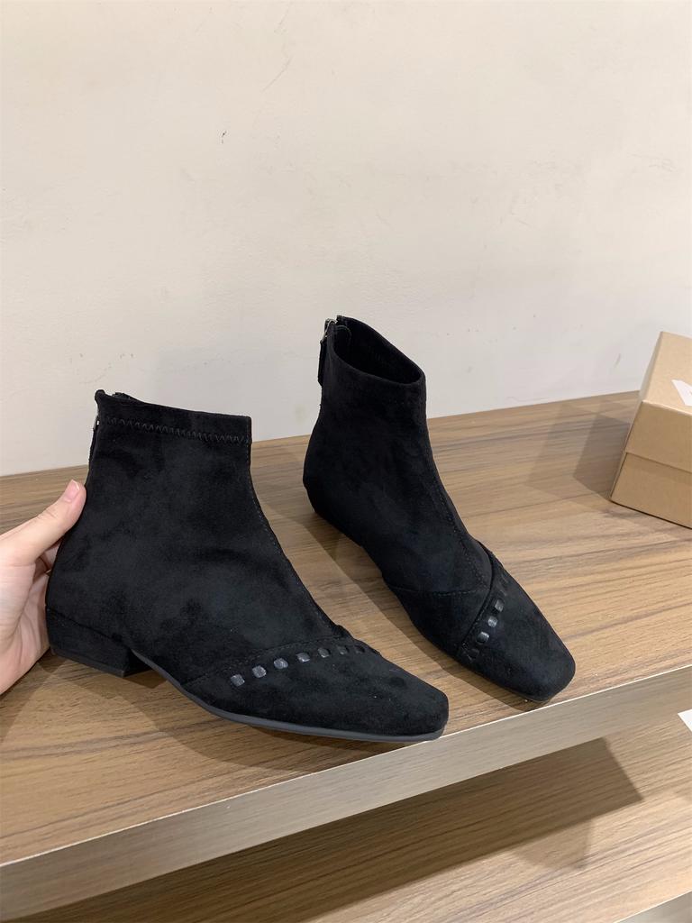 Coarse Heel Suede Splicing Brown Square Head Martin Boots Women's Boots 2025 Autumn and Winter French Small Nude Boots Skinny Short Boots