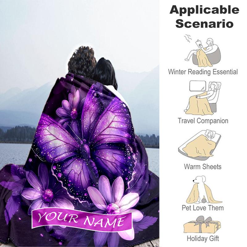1PC Custom Name Purple Butterfly Fantasy flannel blanket versatile,all-season throw suitable for the living room,bedroom,camping,travel,and gift