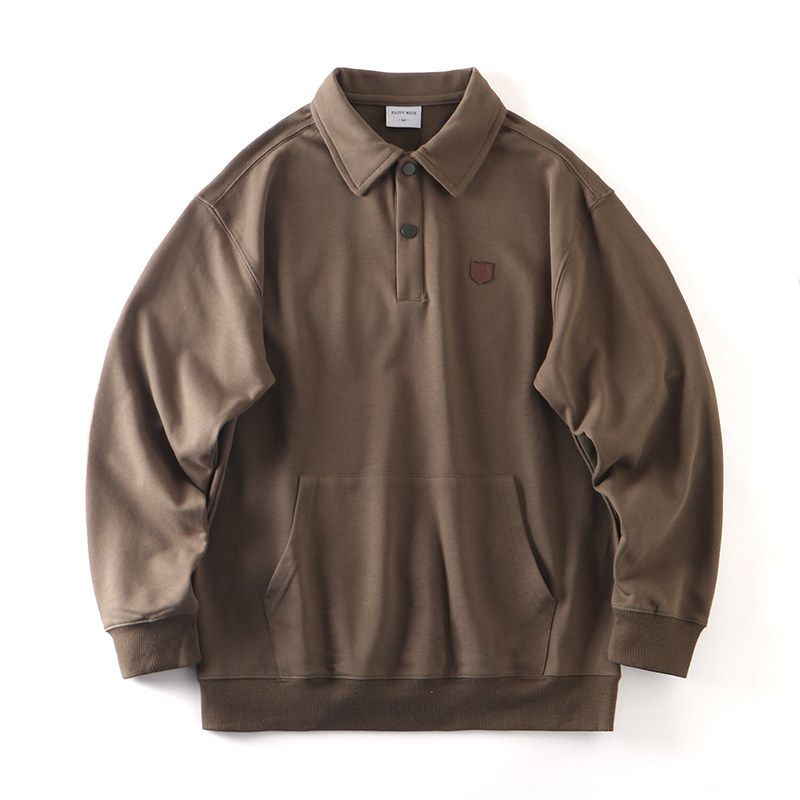 American Retro Heavy Weight Stiff Heavy Weight Pure Cotton 520G Lapel Polo Sweatshirt Men s Autumn and Winter Foreign Trade Men s Clothing Outwear Curry color XL