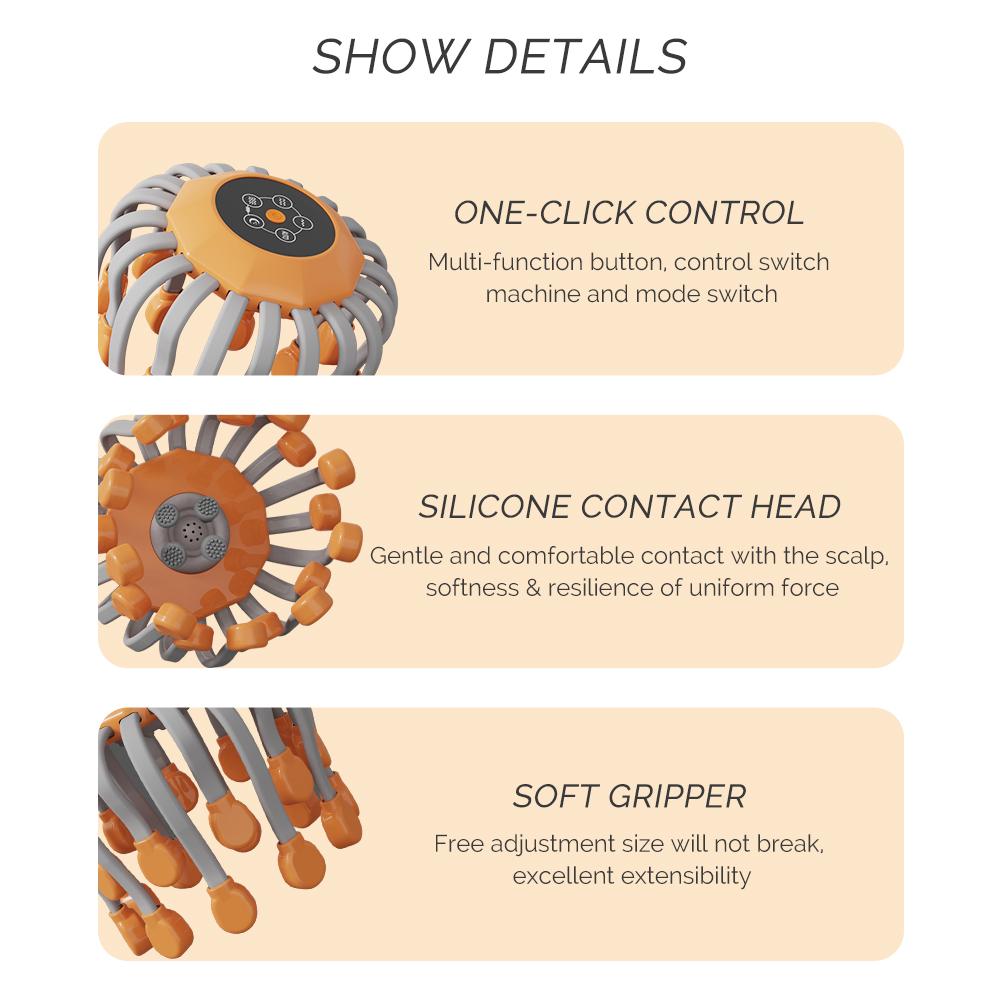 24Massage Heads Orange Scalp Head Massager 360° Rota Red Light Vibrator Octopus Scratcher For Relaxation Stress Migraine