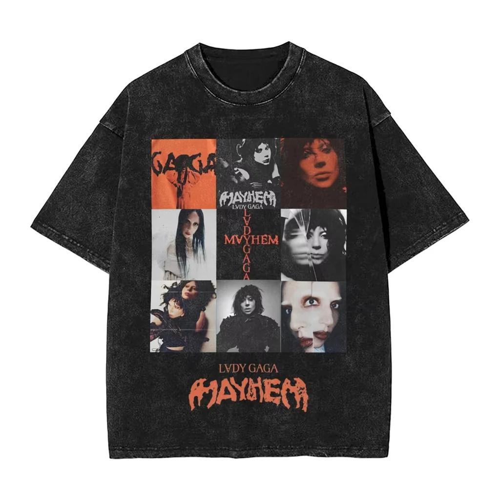 Singer Lady Gagas washed Tshirt a messy hiphop retro streetwear with sleeve prints unisex top