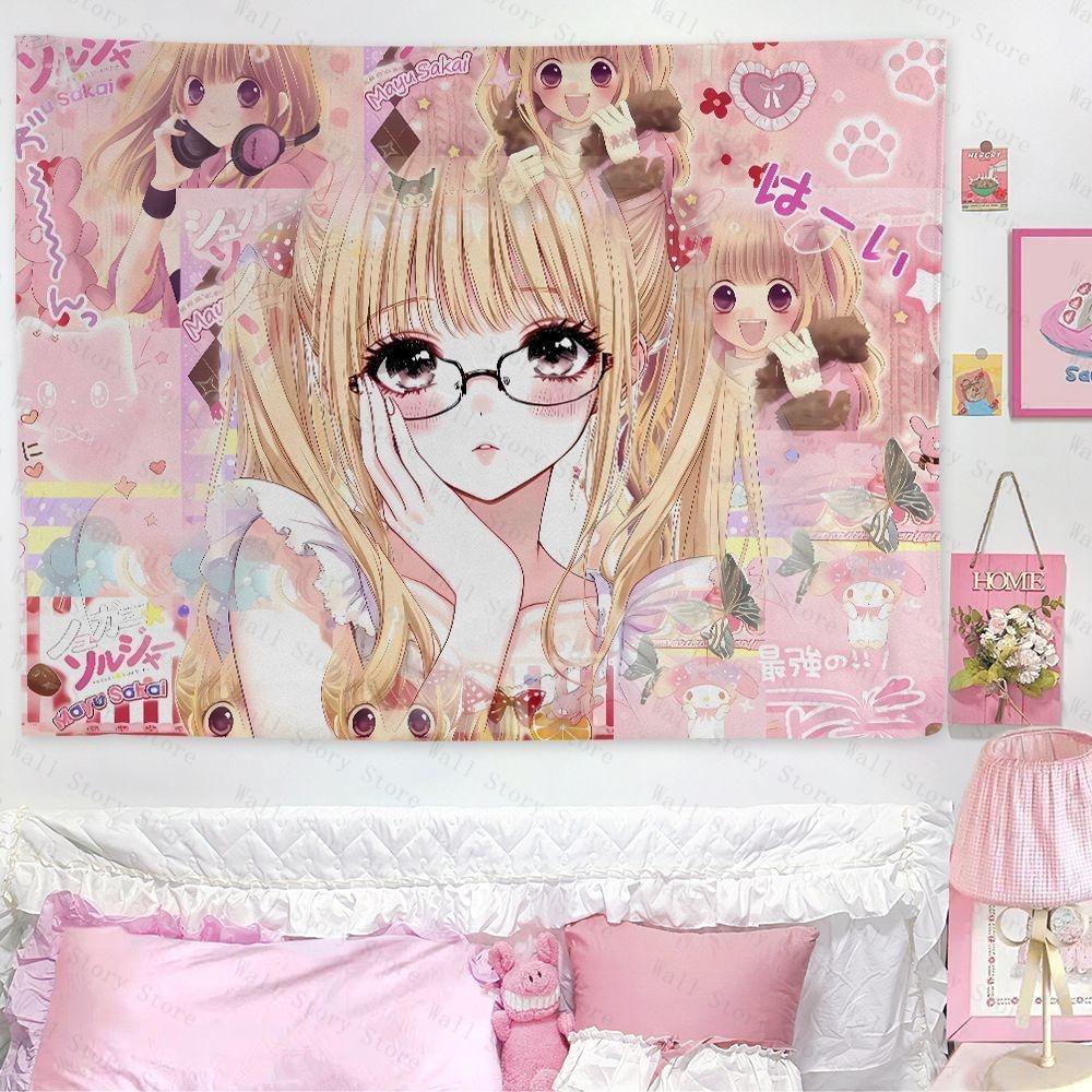 Aesthetic Pink Anime Tapestry Cute Girl Wall Hanging Kawaii Tapestry Background for Teen Girls Bedroom Dorm Decoration Tapestry