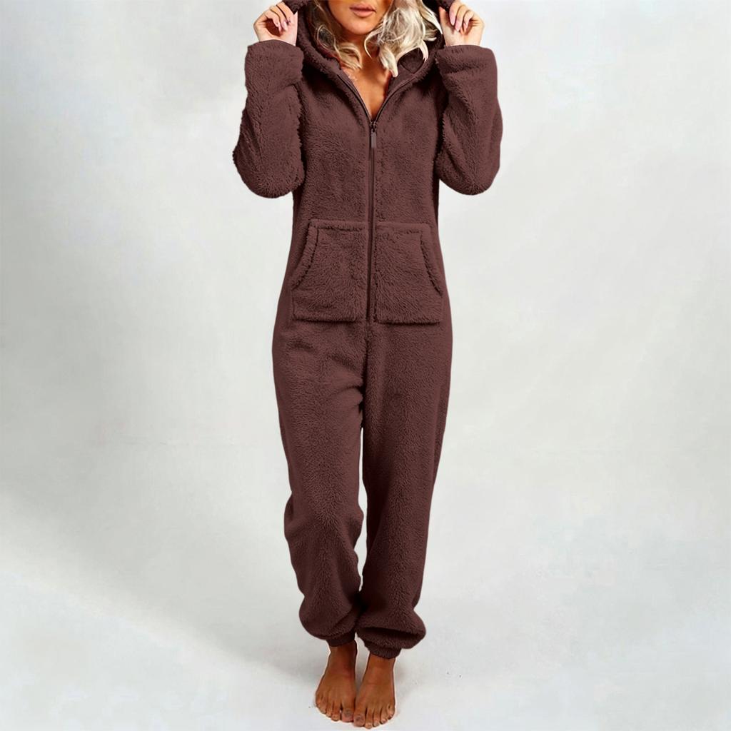 Women's Fashion Fleece-Lined Thickened Fleece Hooded Pyjamas With Zip-Up Onesie