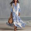 2026 Summer European and American Style Print V-neck Bat Sleeve Bohemian Long Dress Seaside Vacation Beach Big Swing Dress