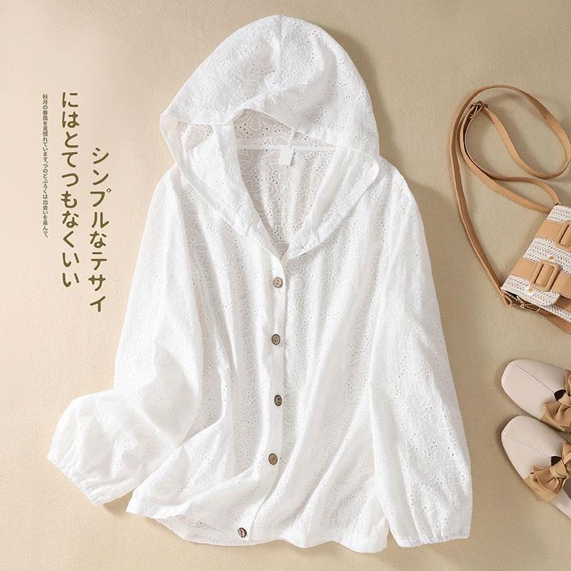 

Summer Fashion Women s Premium Cotton Hollowed Out Long Sleeve Hooded Sun-protection Shirt Female Simple Sun-proof Clothing S белый