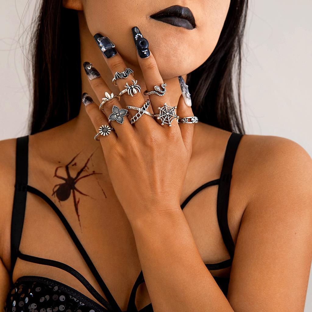 Dark Skull Ring Set Punk Spider Serpentine Ring Set Halloween