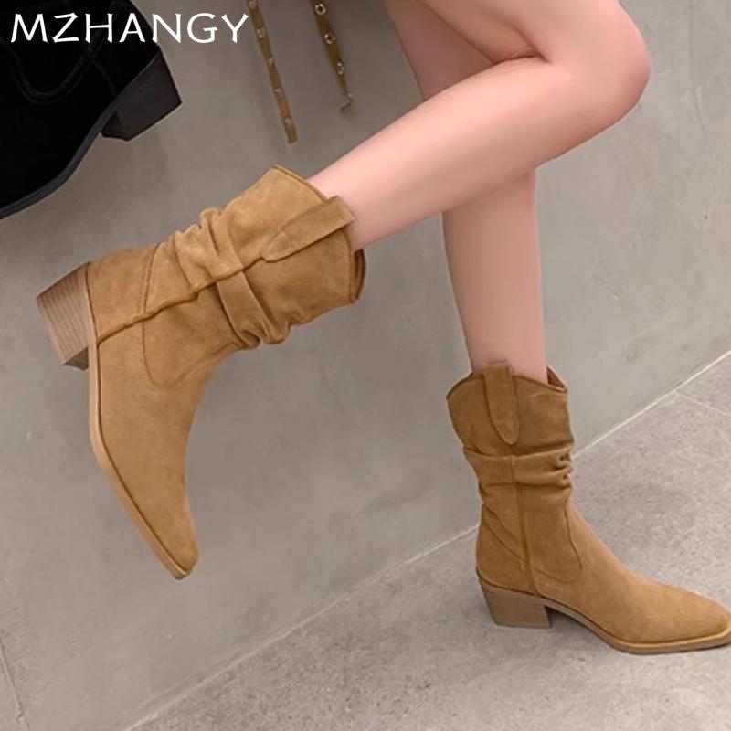 Suede Women Ankle Boots Chunky Fashion Mid Heels Shoes Winter 2024 New Trend Woman Goth Snow Chelsea Short Leather Botas Mujer