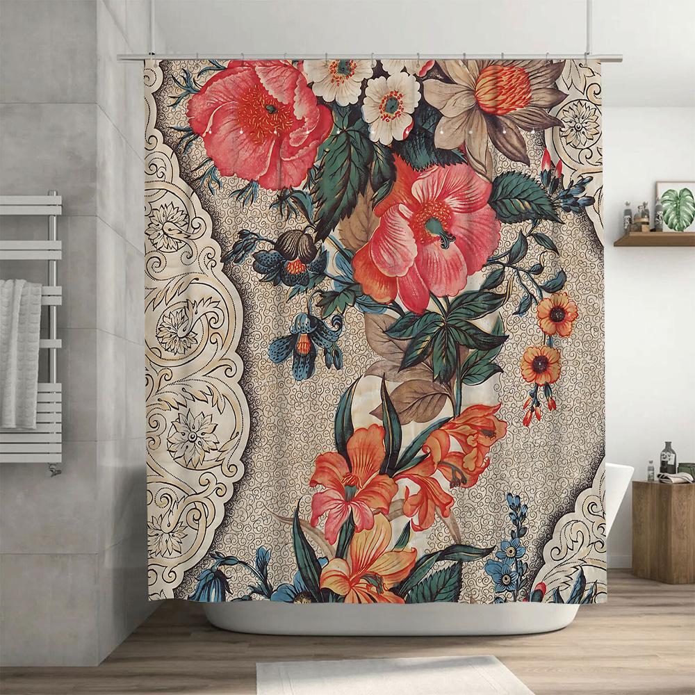 Vintage Floral Shower Curtain with Artistic Design Pink Red Orange Green Black White Boho Decor Bathroom Accessories for Home De