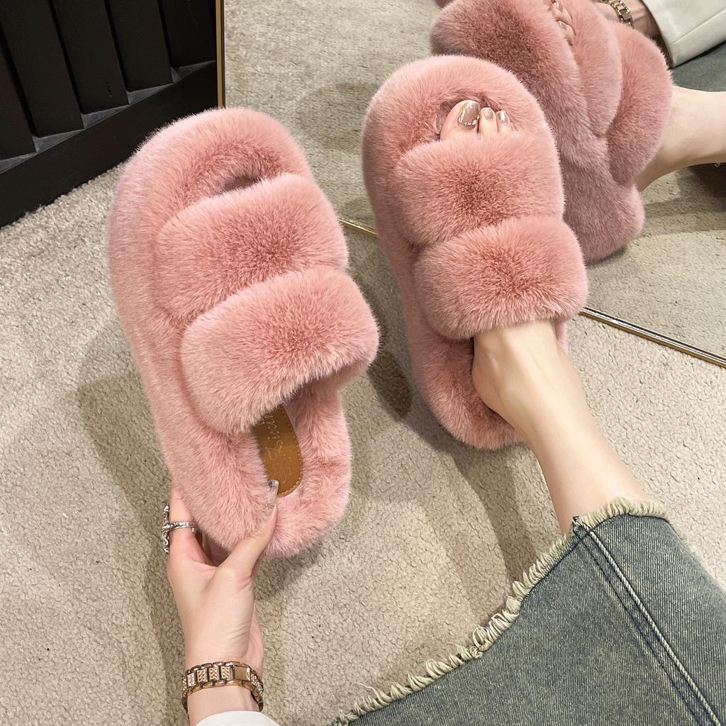 Thick-bottomed cm fluffy slippers for women can wear large-size warm home non-slip cotton mops in autumn and winter