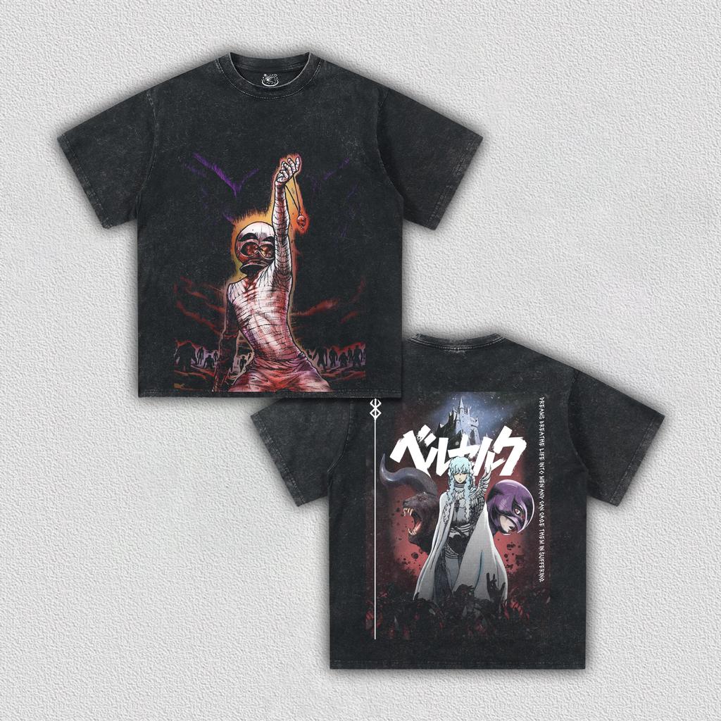 Berserk Baggy T-shirt Washed Oversized Cotton Anime Two Sided Print Men Women Short Sleeve Retro Streetwear Cotton Female Male Clothing