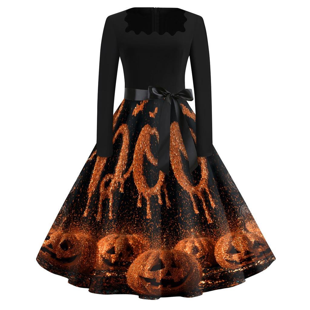 Women's Square Neck Retro Dress with Halloween Print for Casual Parties and Festive Occasions