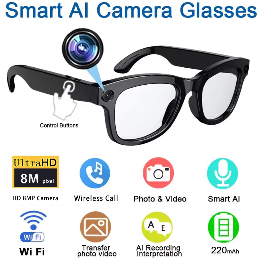 New Smart Glasses with AI Translator 8MP Camera 4K HD Take Videos and Photo Sunglasses BT Call for Men Women Fashion Glasses Wireless Music Playback