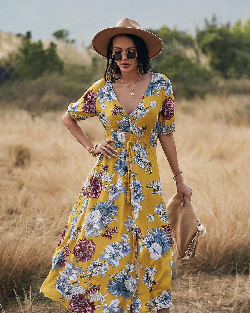 2023 Summer New Sexy Printed Bohemian Dress with Waistline Slimming Women's Clothing