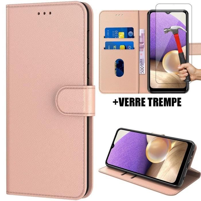 Coque - PROSHOP - pour Samsung A32 4G - Rose - Protection 360° - Cuir et 2 Verre Trempé