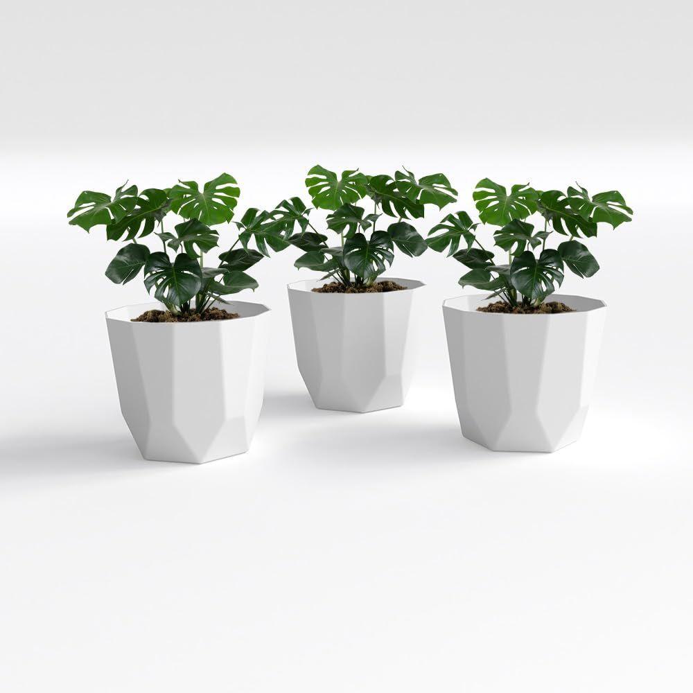 Hexa 6 Inch Pack of 3 Piece Plastic Plant Pot for Home Decor Indoor Plant Pots for Living Room Plastic Flower Pot for Garden (White)