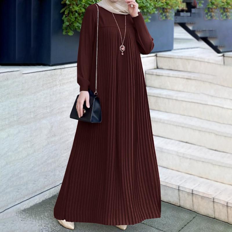 Elegant Muslim Women's Pleated Dress - Solid Color, Round Neck, Long Sleeve
