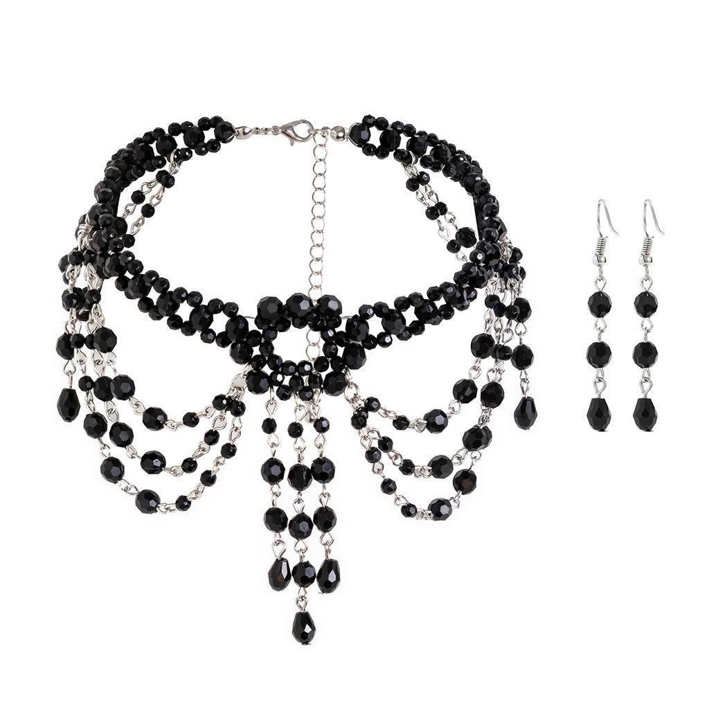 Vintage Gothic Black Beaded Necklace Earrings Set for Women Crystal Tassel Chains Jewelry Sets Party Costume Accessories