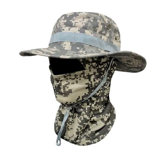 Camouflage Sonnenhut mit Sturmhaube Gesichtsmaske, UV-Schutz Herren Hut mit breiter Krempe, Atmungsaktiver Fischerhut für Outdoor Angeln Wandern Radfahren