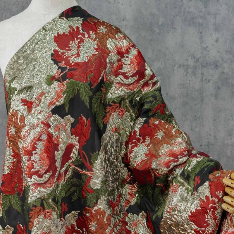 

Red Peony Gold Thread Fabric Three-dimensional Relief Jacquard Slight Transparency for DIY Vintage Dress Outerwear 100x143cm