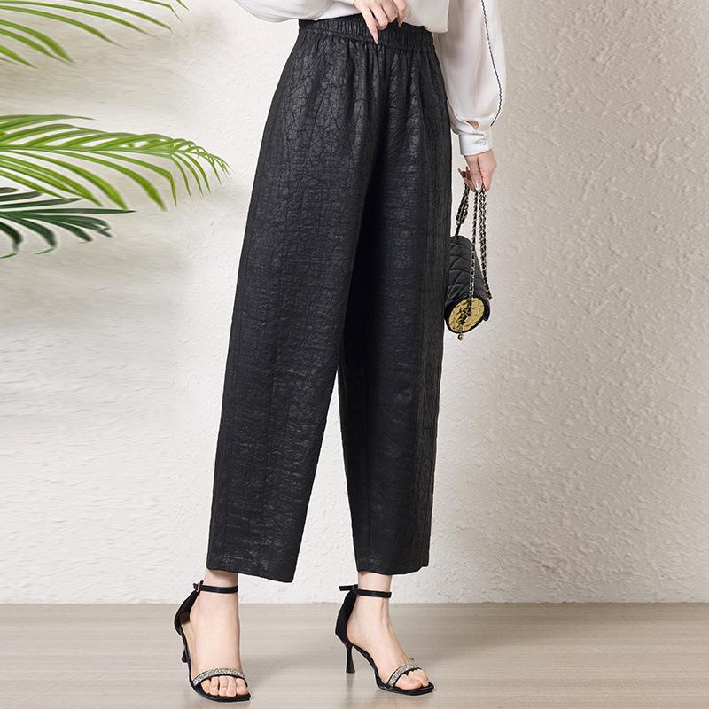 Silk Turtle Crack Fragrant Cloud Yarn Nine-point Pants Women's Silkworm Silk Large Size Middle-aged and Elderly Elastic Waist Straight Wide-leg Pants