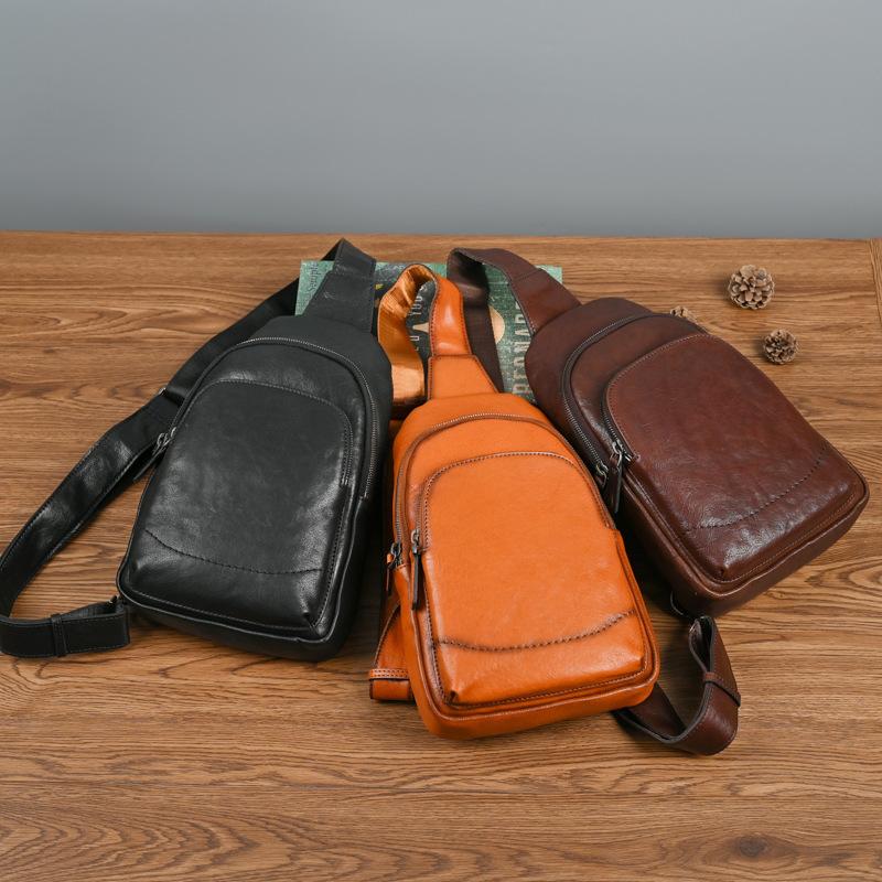 New Product Launch: First Layer Tree Cream Men's Multi Pocket Vegetable Tanned Cowhide Retro Casual Bag, Chest Bag, Crossbody Bag
