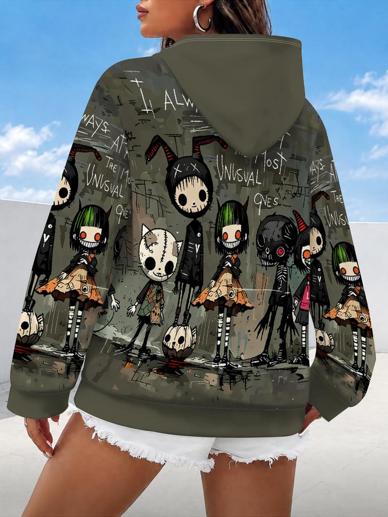 Lazy Women's Hoodie with Scary Cartoon Characters On Hoodie Women's Hooded Pullover Sweatshirt Fashionable Top