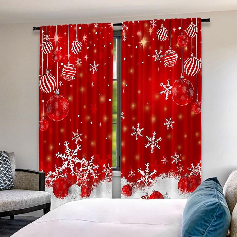 Set Of 2 Flat Printing Christmas Scene Curtains Red Snowflakes Digital Printed Polyester Drapes Birthday Party Use Curtain