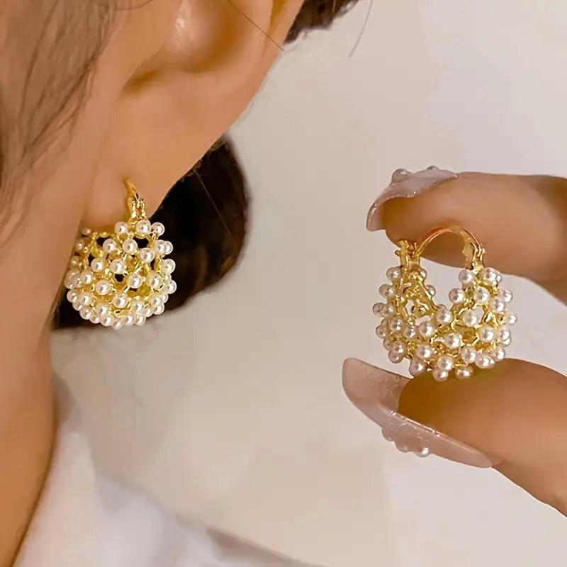 Huitan Aesthetic Women Imitation Pearl Hoop Earrings Bag Design Fashion Party Engagement Accessories Gold Color Charming JewelryGood Product